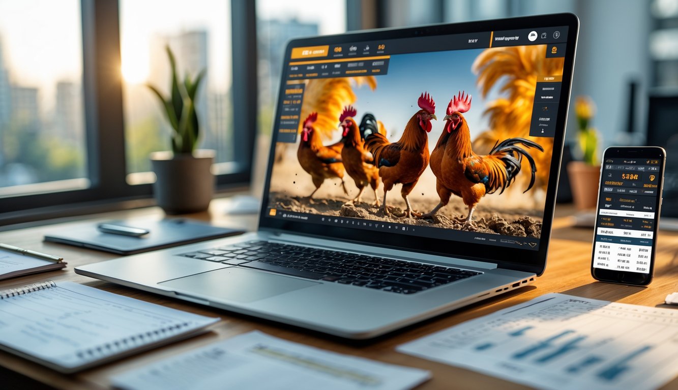 Seorang pria sedang fokus menggunakan laptop untuk menonton pertandingan sabung ayam online dengan catatan dan ponsel di meja kerja.