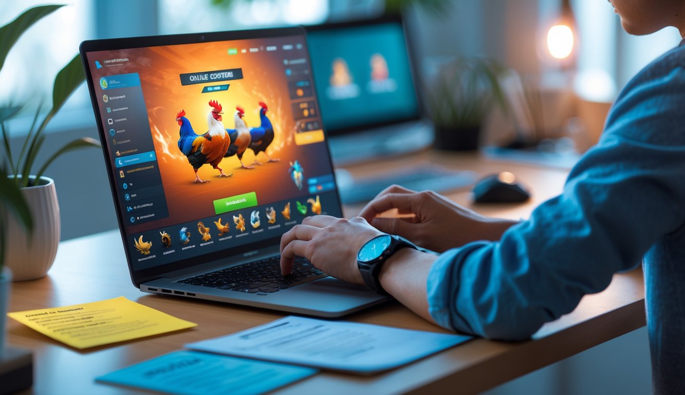 Seorang pemain sedang menggunakan laptop dengan tampilan permainan sabung ayam online di meja kerja yang rapi.