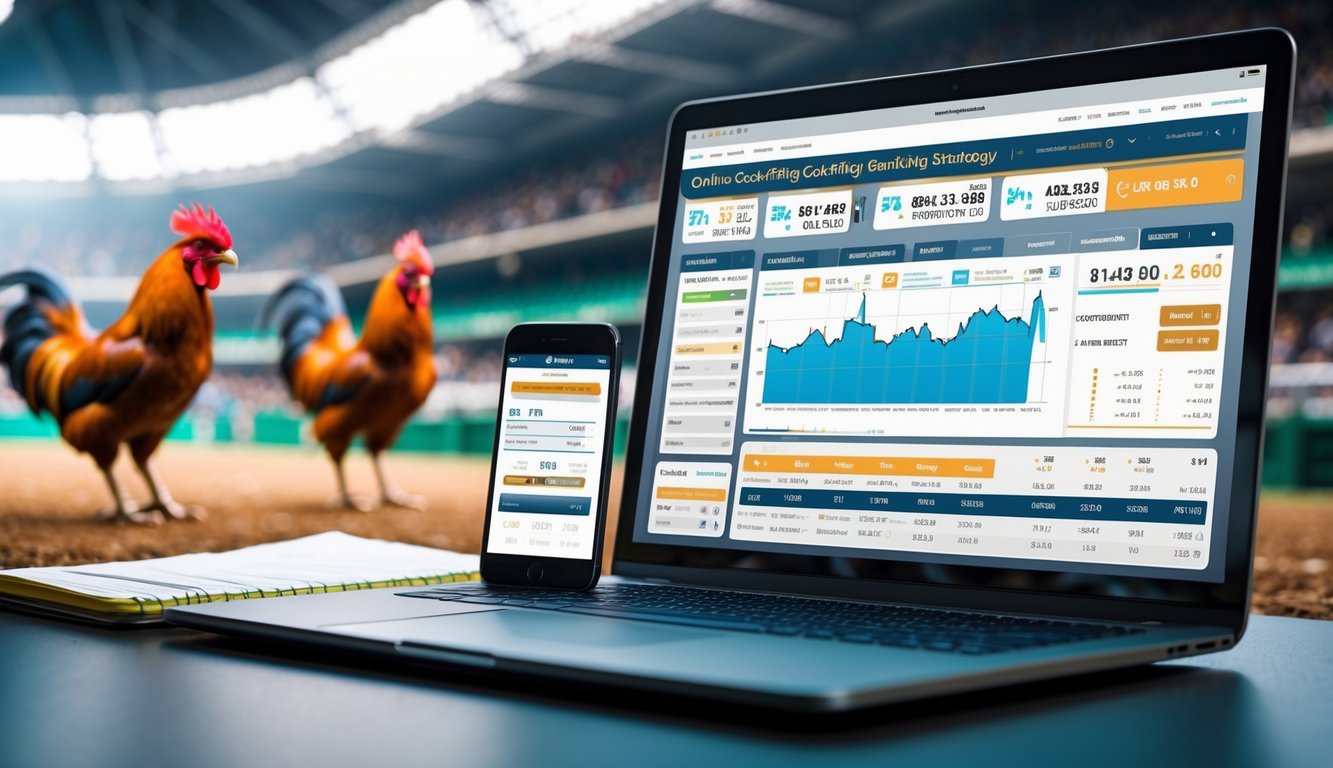Meja kerja dengan laptop, catatan, dan ponsel yang menampilkan strategi taruhan dan analisa ayam aduan secara online.
