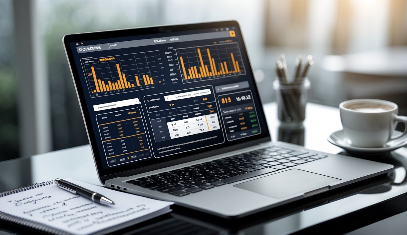 Seorang pria sedang menggunakan laptop dengan tampilan grafik dan statistik taruhan sabung ayam online di meja kerja.