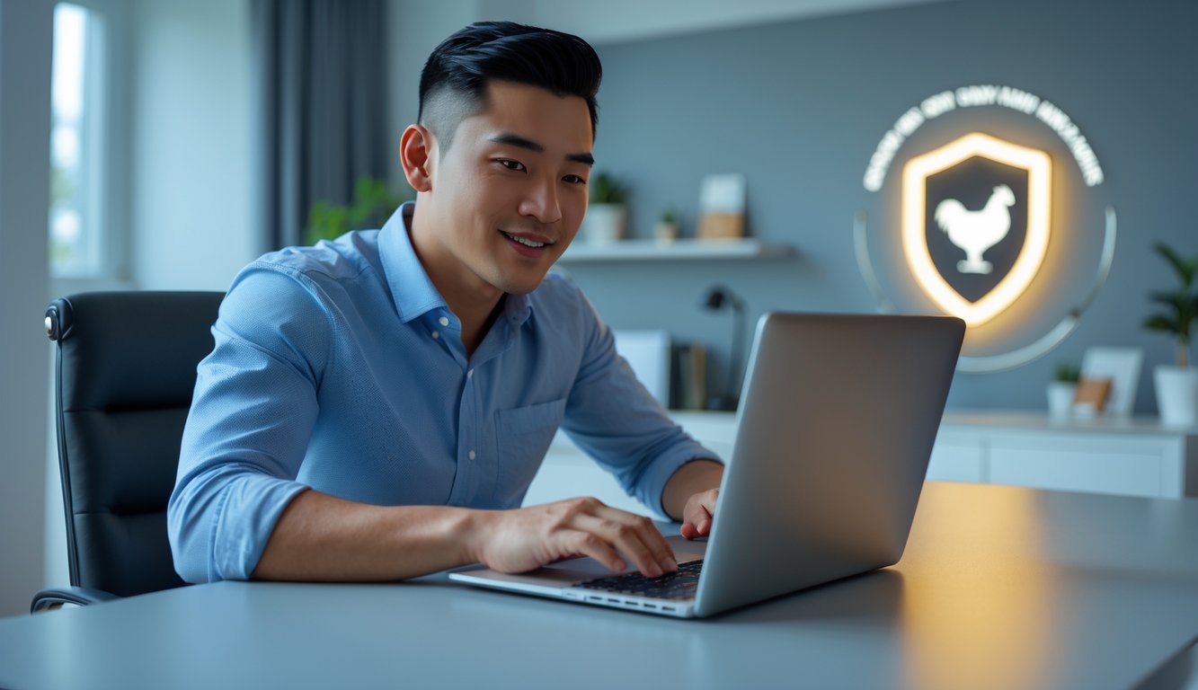 Seorang pria muda duduk di depan laptop di ruang kerja modern, terlihat fokus dan santai saat menggunakan situs taruhan sabung ayam online yang aman dan terpercaya.