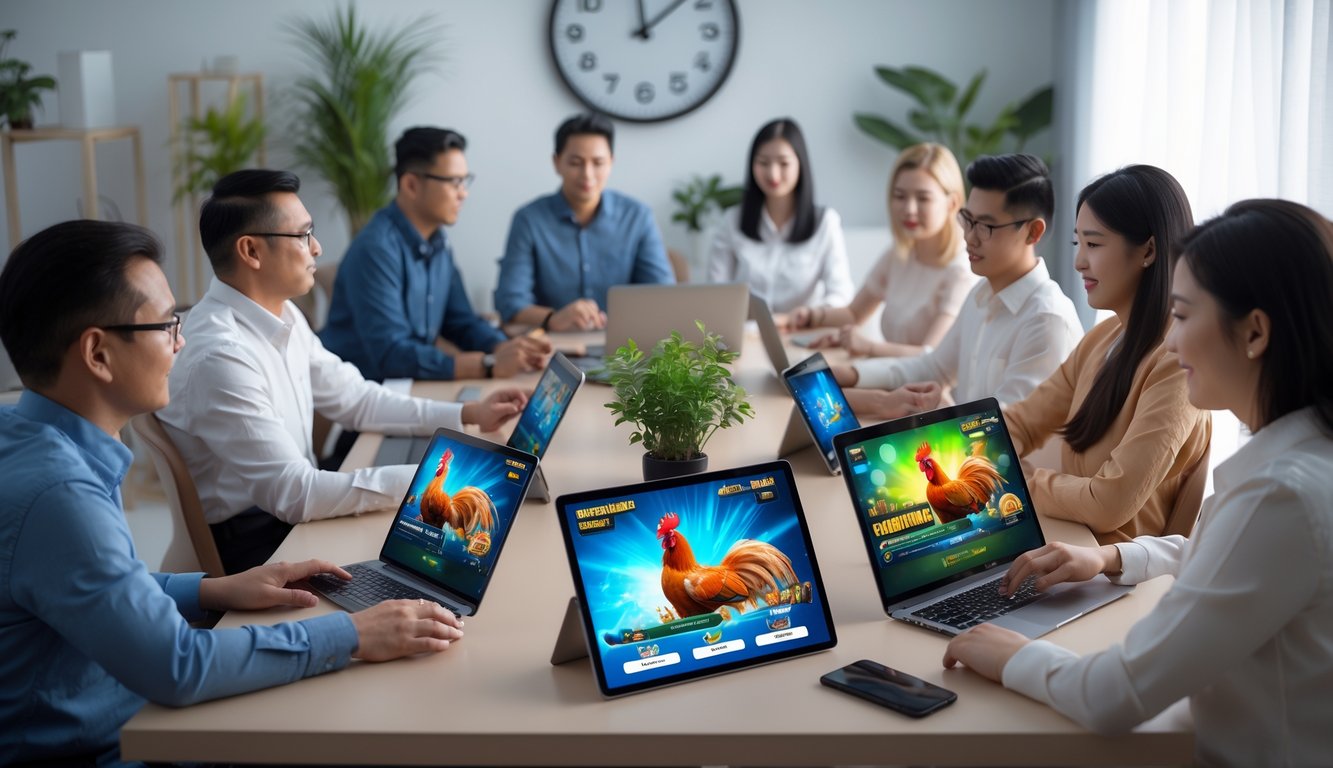 Beberapa orang dewasa sedang menggunakan perangkat digital untuk bermain sabung ayam online di ruangan yang terang dan nyaman.