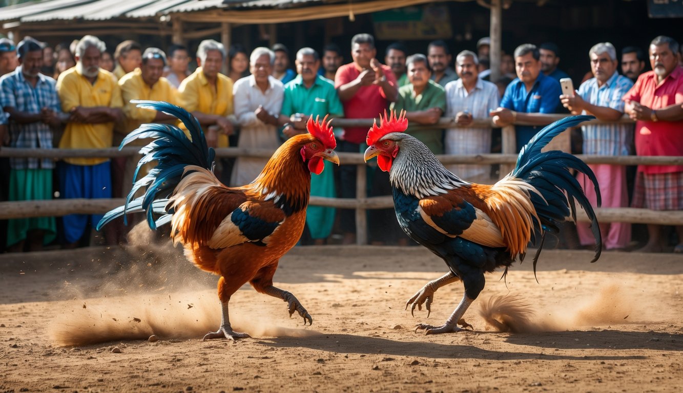 Pertarungan dua ayam jago di arena terbuka dengan penonton yang memperhatikan dengan serius di sekitar.