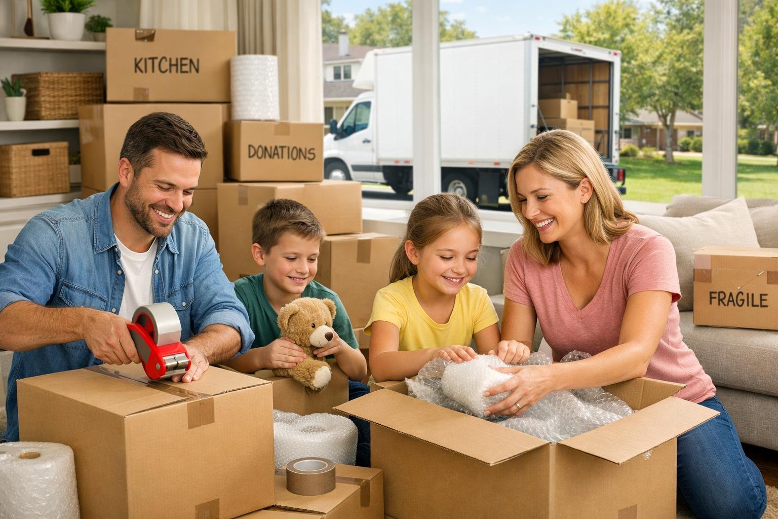 A family packing boxes in a living room with a moving truck visible outside in a suburban neighborhood.