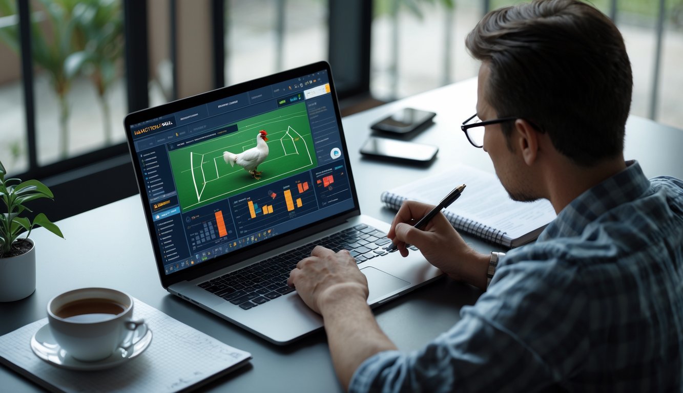 Orang sedang menganalisis data pertarungan sabung ayam secara online di depan laptop di ruang kerja.