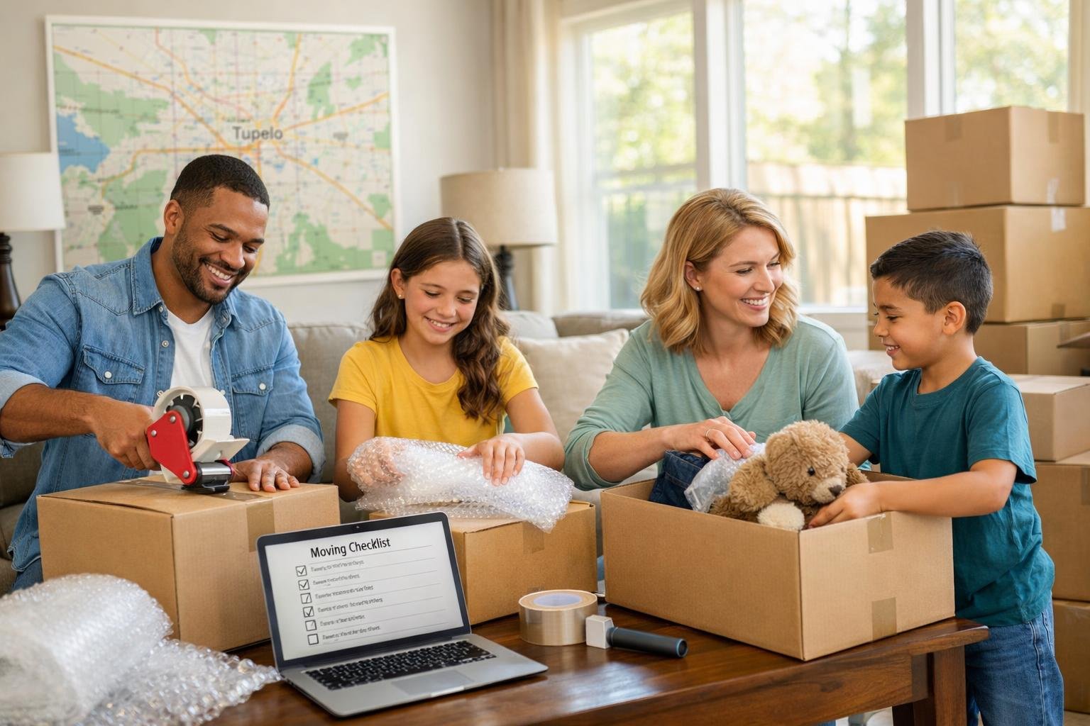 A family packing boxes and preparing to move in a bright living room with a map of Tupelo, Mississippi visible in the background.