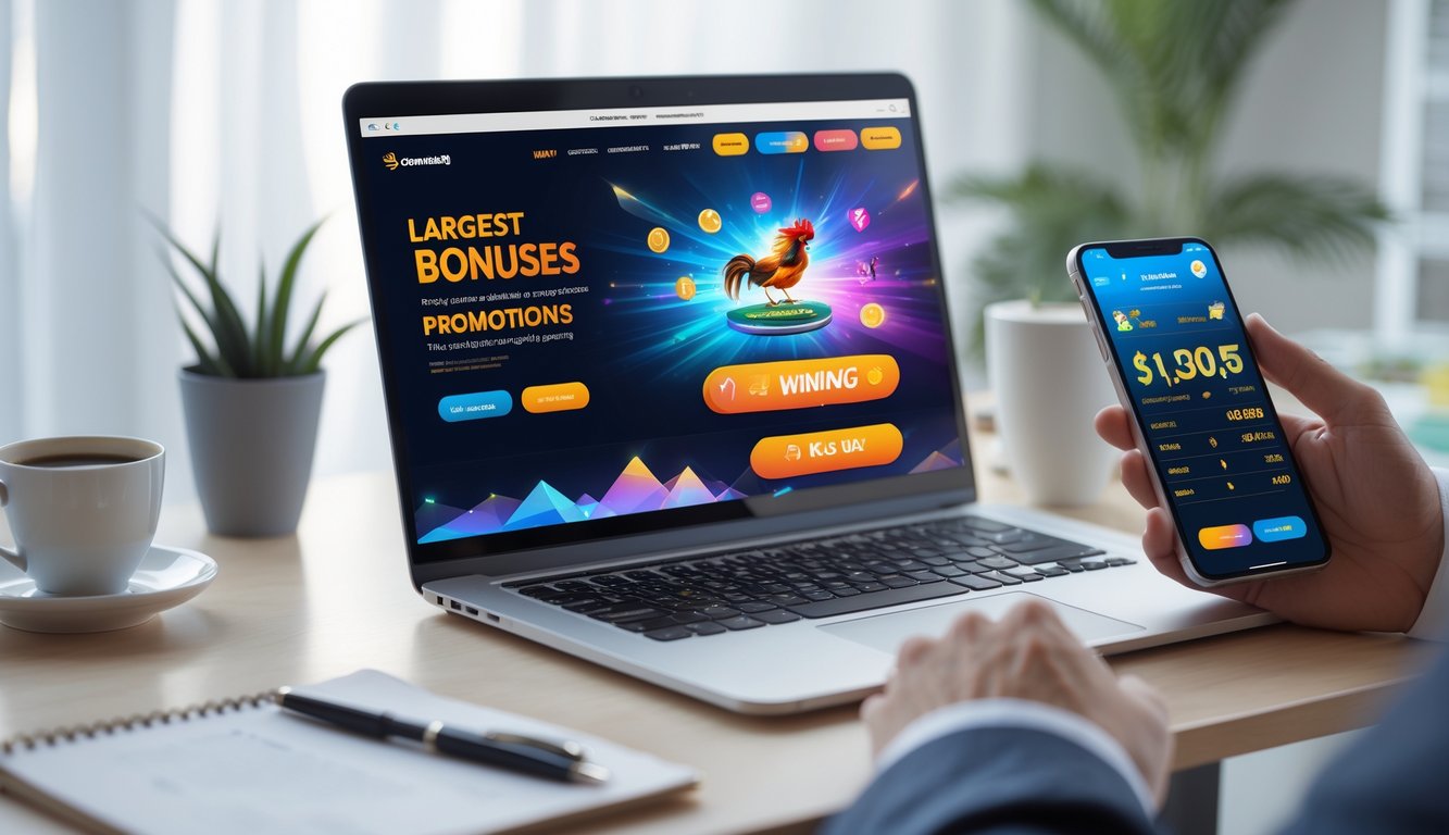 Seseorang menggunakan laptop dan ponsel untuk memasang taruhan sabung ayam online di ruang kerja yang terang dan rapi.