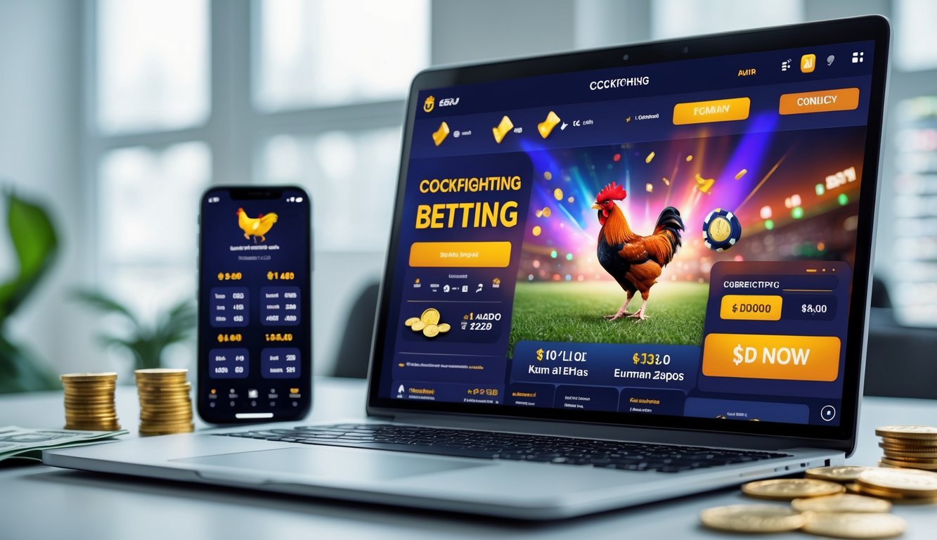 Seorang pria menggunakan laptop di meja kerja dengan tampilan situs judi sabung ayam online dan ikon bonus di layar.