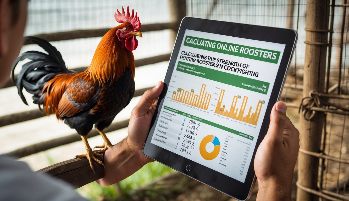 Seorang pria memegang tablet digital dengan grafik statistik, di belakangnya seekor ayam aduan berdiri di dalam kandang kayu.