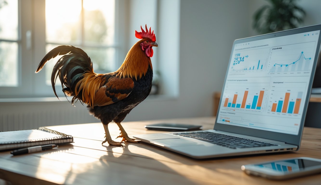 Seseorang sedang menganalisis data tentang kekuatan ayam aduan di depan laptop dengan seekor ayam aduan berdiri di atas meja di ruang kerja yang rapi.