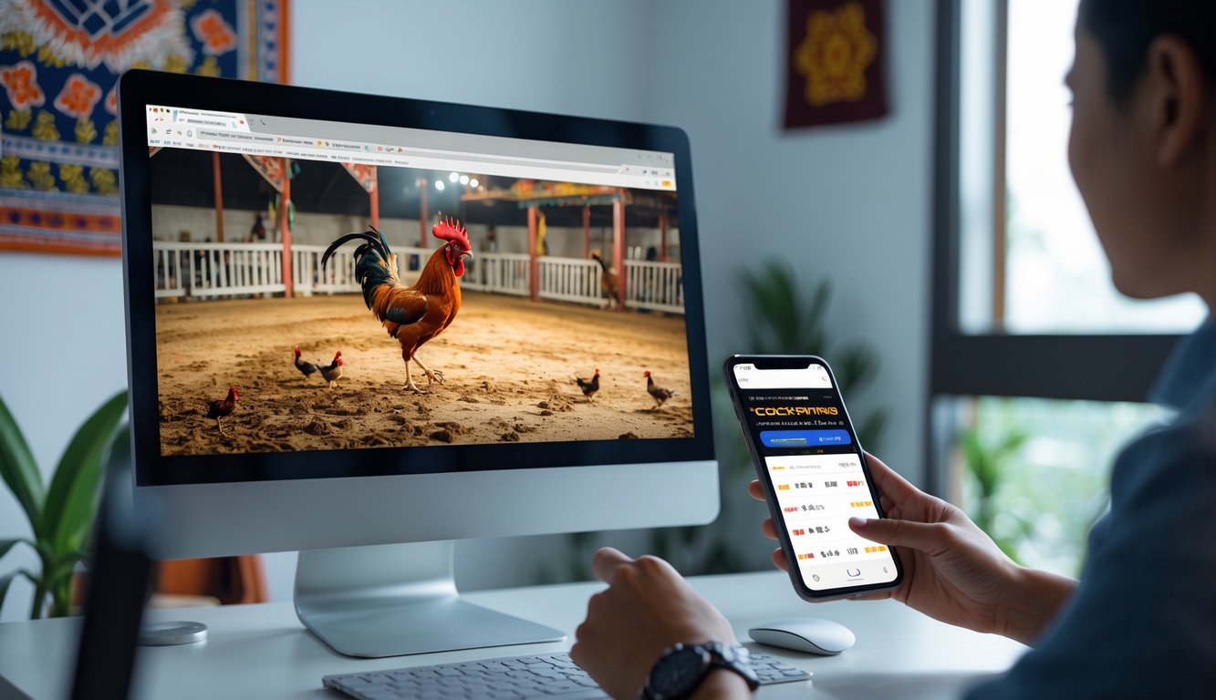 Seseorang menggunakan komputer dan ponsel untuk menonton dan bertaruh pada pertandingan sabung ayam secara online di ruang kerja rumah yang rapi.