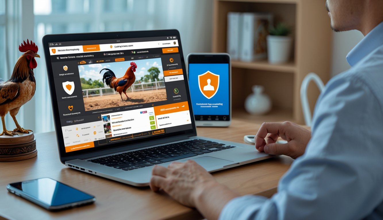 Seseorang duduk di depan laptop menonton siaran langsung sabung ayam dan menggunakan ponsel untuk bertaruh dalam ruangan yang terang dan nyaman.