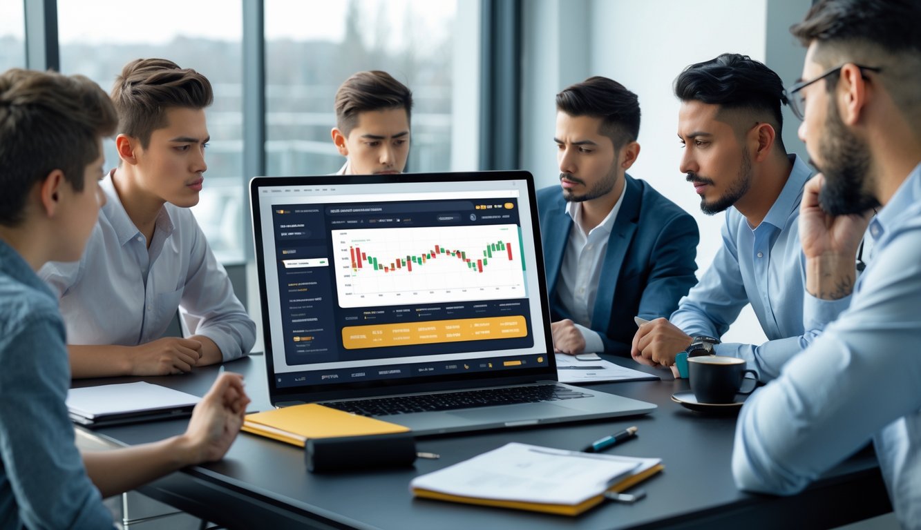 Beberapa orang sedang berdiskusi di sekitar meja dengan laptop yang menampilkan situs judi sabung ayam online dan grafik strategi taruhan.