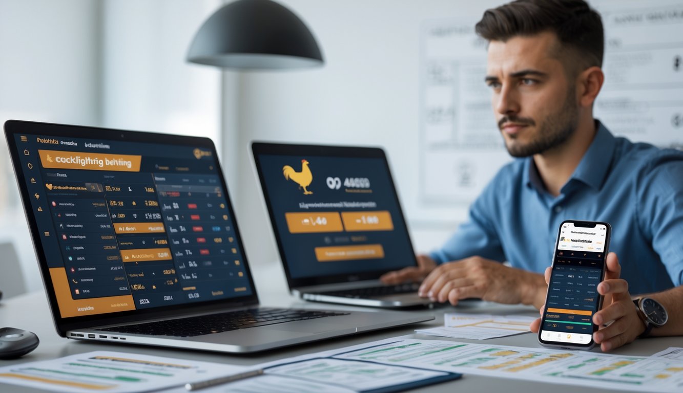 Seseorang yang fokus bekerja dengan laptop dan catatan strategi judi sabung ayam online di meja kerja.