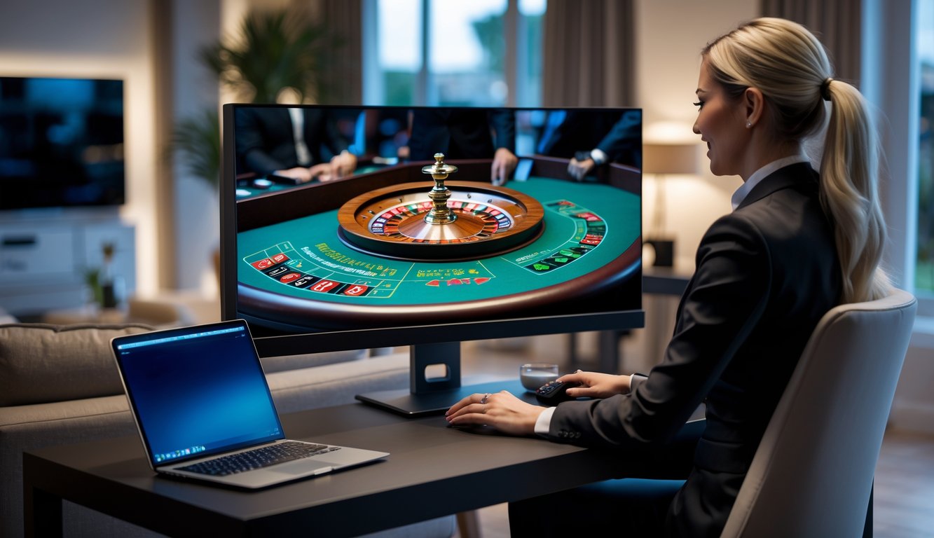 Seorang wanita dealer mengoperasikan roda roulette secara langsung di layar komputer di ruang tamu rumah yang nyaman.