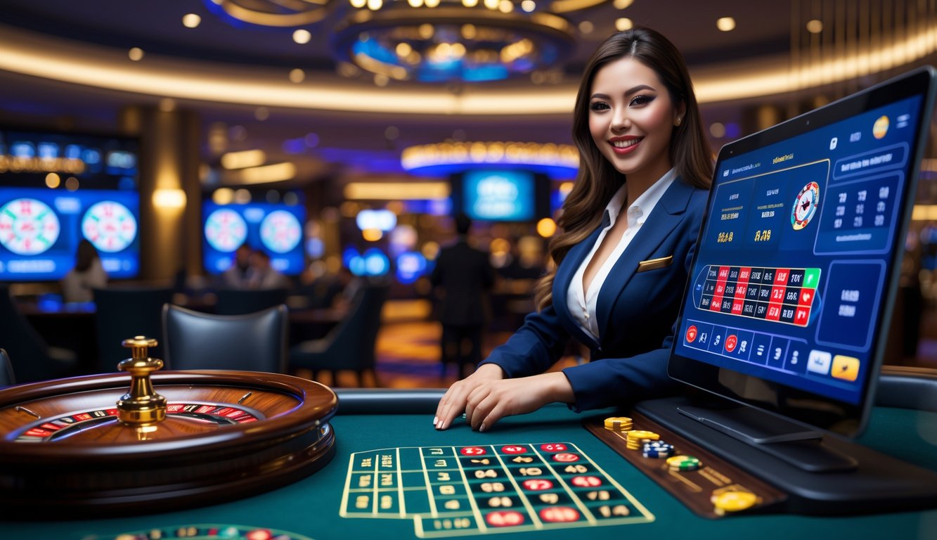 Seorang dealer wanita sedang memutar roda roulette di depan layar komputer yang menampilkan permainan roulette online secara real-time.