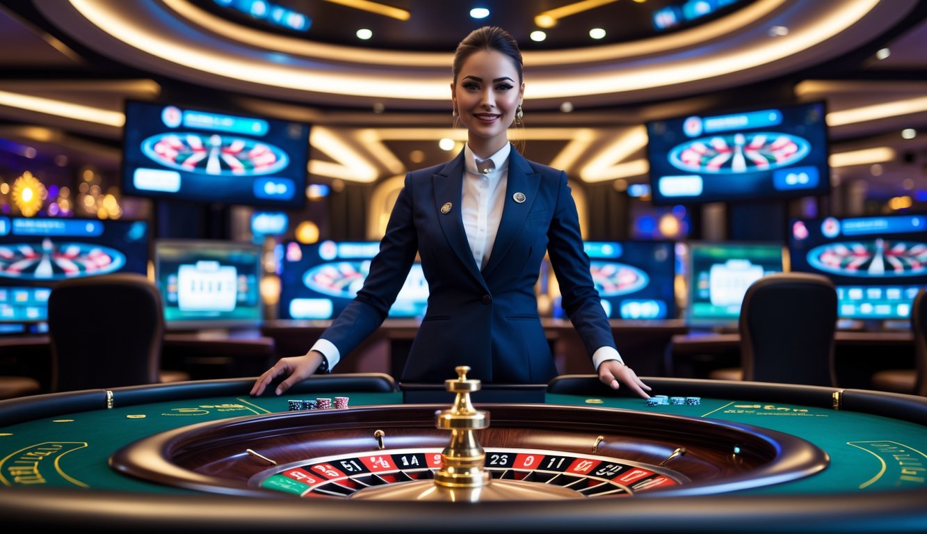Seorang dealer roulette profesional di meja roulette dengan latar belakang layar besar yang menampilkan permainan kasino langsung.