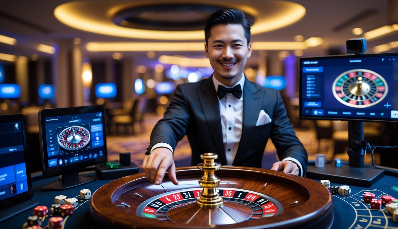 Seorang dealer roulette profesional sedang memutar roda roulette di studio live streaming kasino dengan peralatan kamera dan monitor.