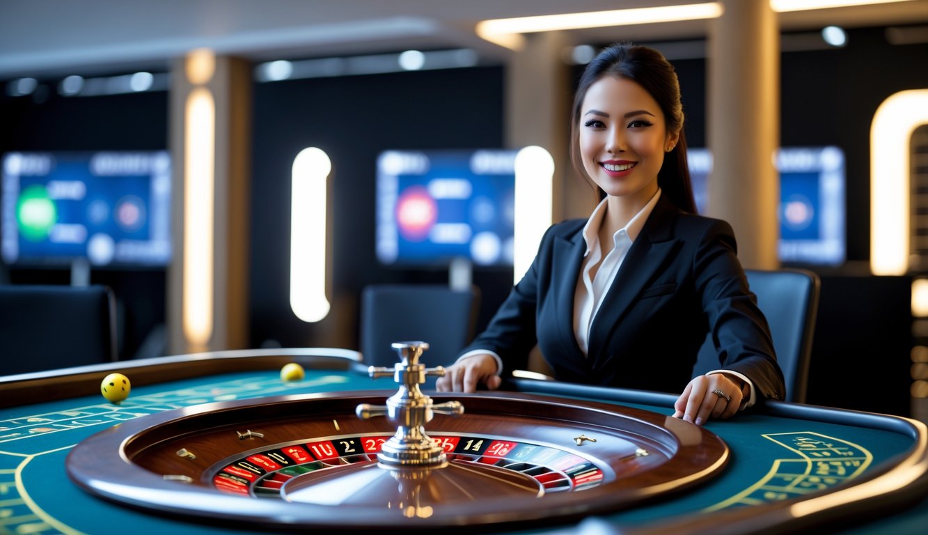 Seorang dealer wanita duduk di meja roulette dengan roda roulette yang sedang berputar, berinteraksi dengan pemain melalui kamera dalam suasana permainan roulette online.