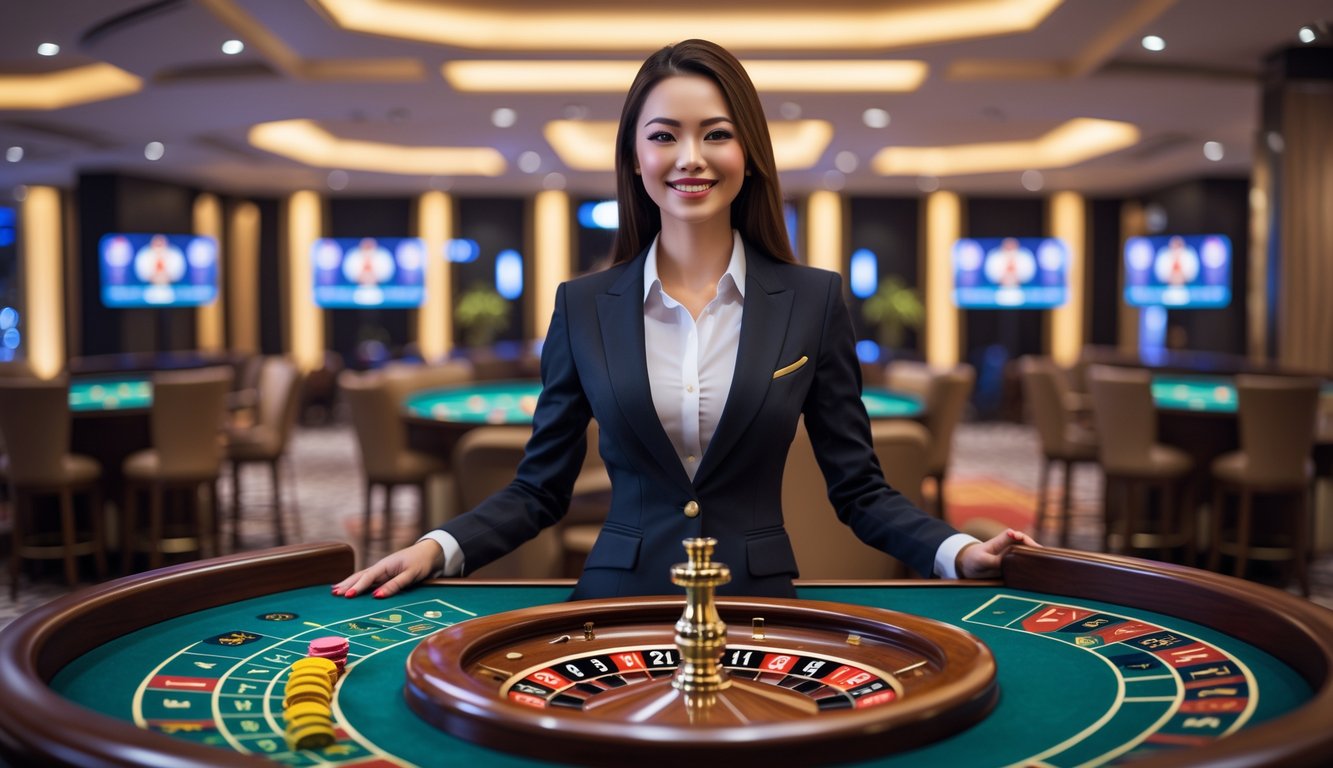 Seorang dealer wanita berdiri di belakang meja roulette dengan roda roulette yang berputar dan chip warna-warni, di dalam lingkungan kasino modern yang elegan.