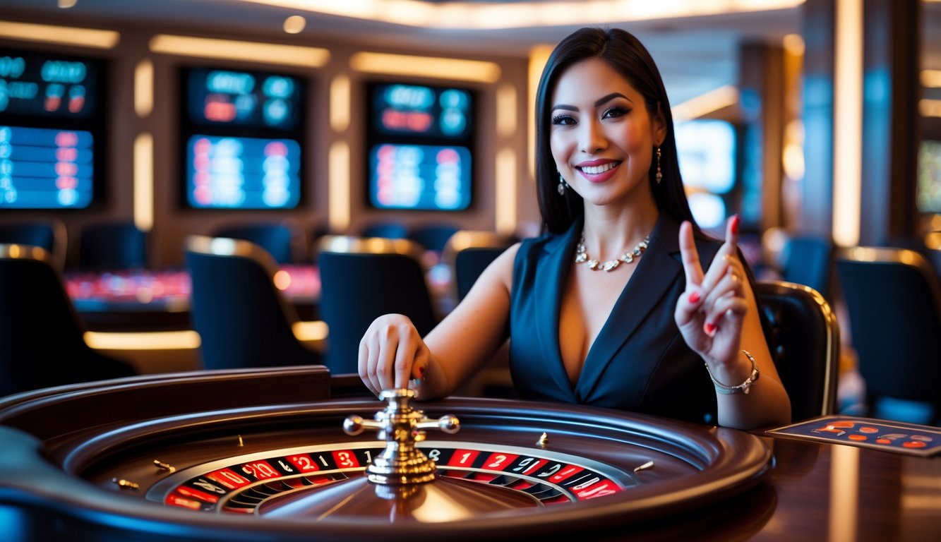 Seorang dealer wanita profesional sedang duduk di meja roulette dengan suasana kasino yang mewah dan pencahayaan hangat.