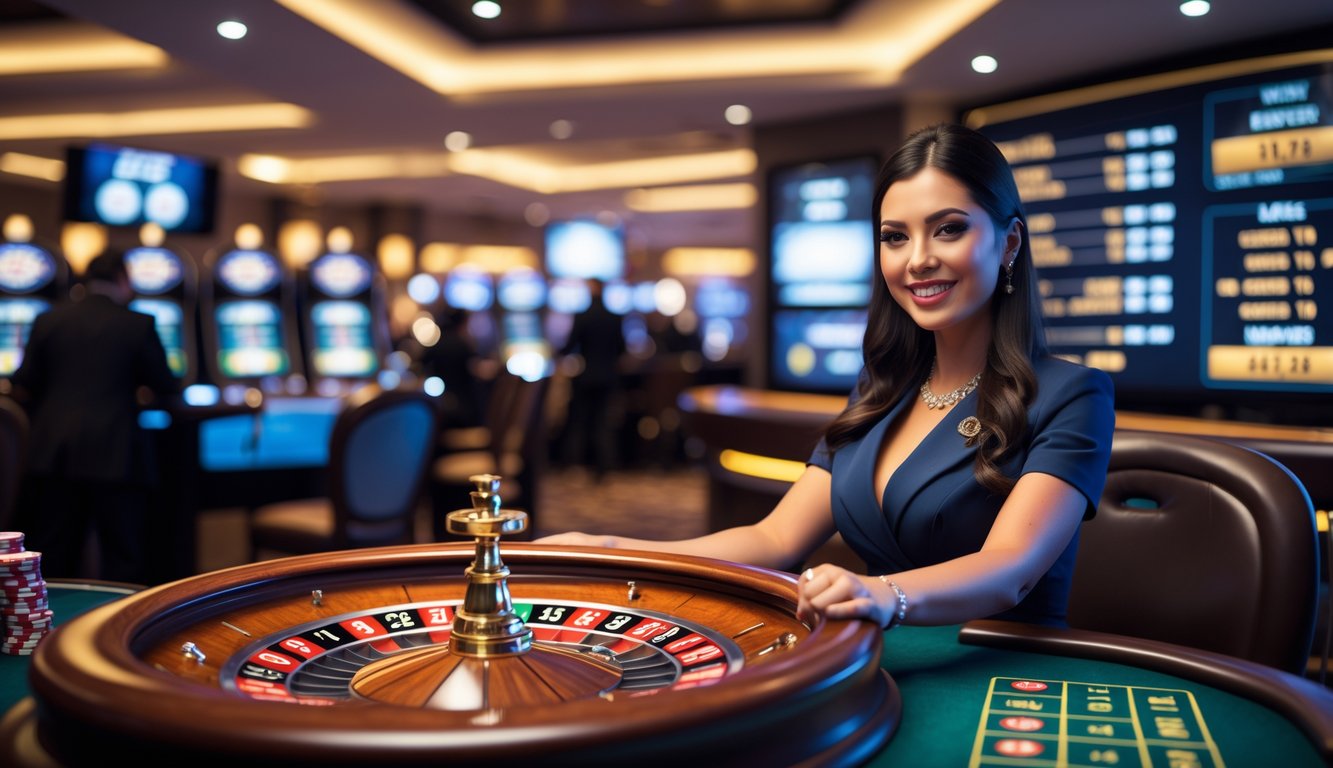 Seorang dealer profesional sedang memutar roda roulette di meja kasino dengan latar belakang suasana kasino yang modern dan terang.