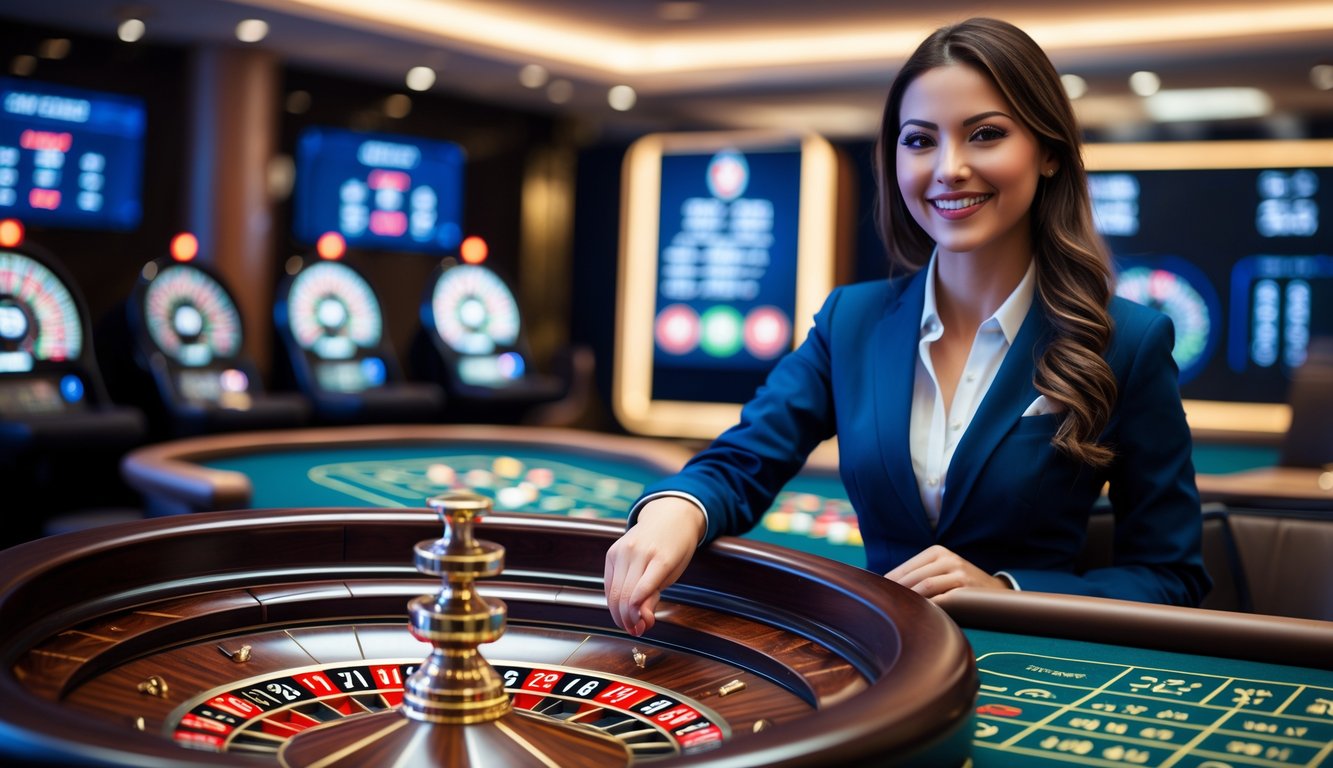 Seorang dealer wanita tersenyum sedang memutar roda roulette di meja kasino dengan latar belakang layar digital yang menampilkan opsi taruhan.