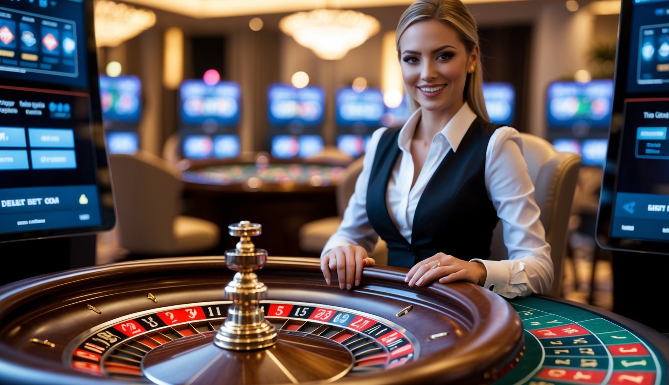 Seorang dealer wanita profesional duduk di meja roulette dengan roda roulette yang sedang berputar di depan, di latar belakang suasana kasino modern dengan layar digital.