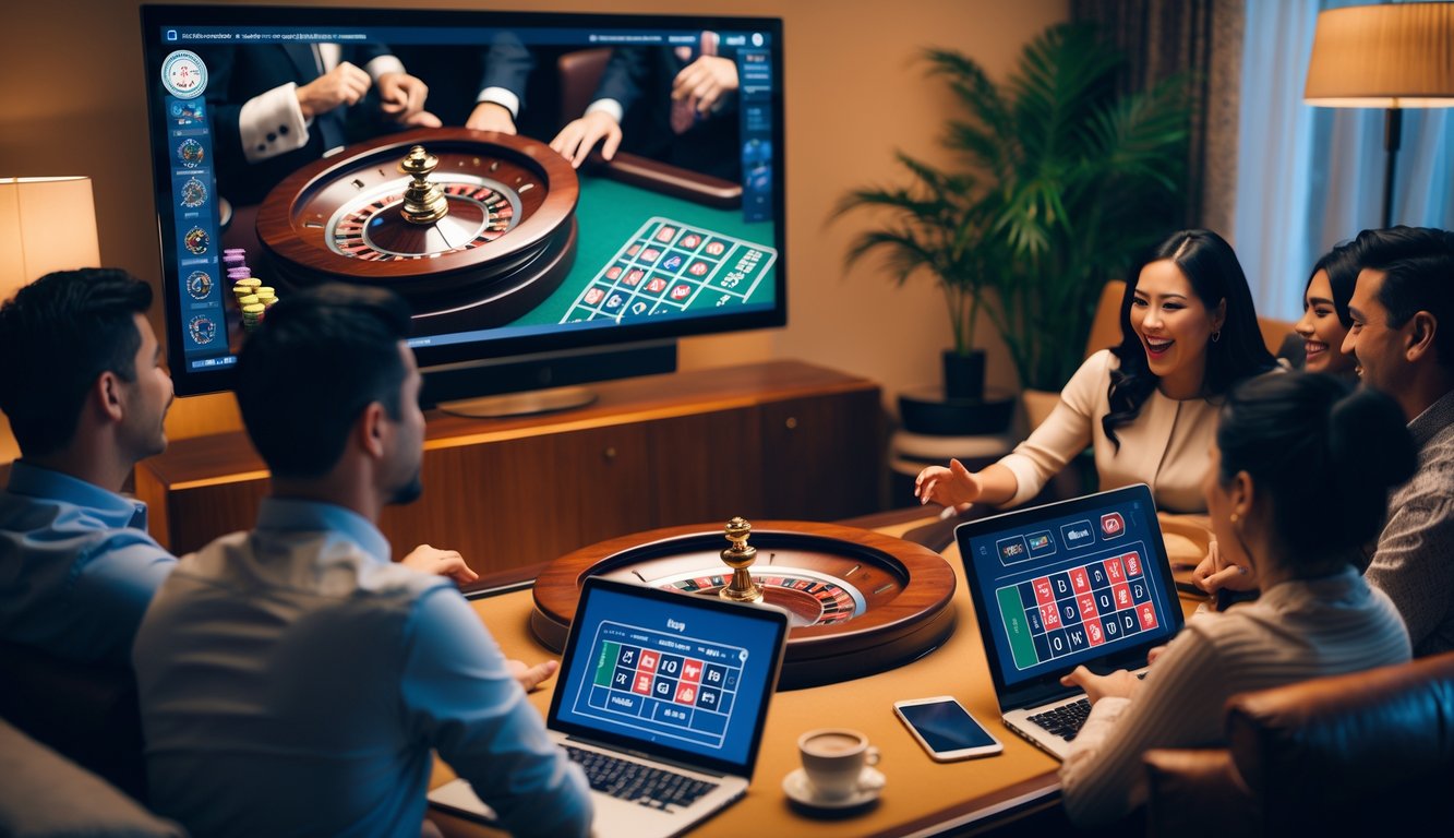 Orang-orang bermain roulette online dengan dealer langsung di layar televisi di ruang tamu yang nyaman.