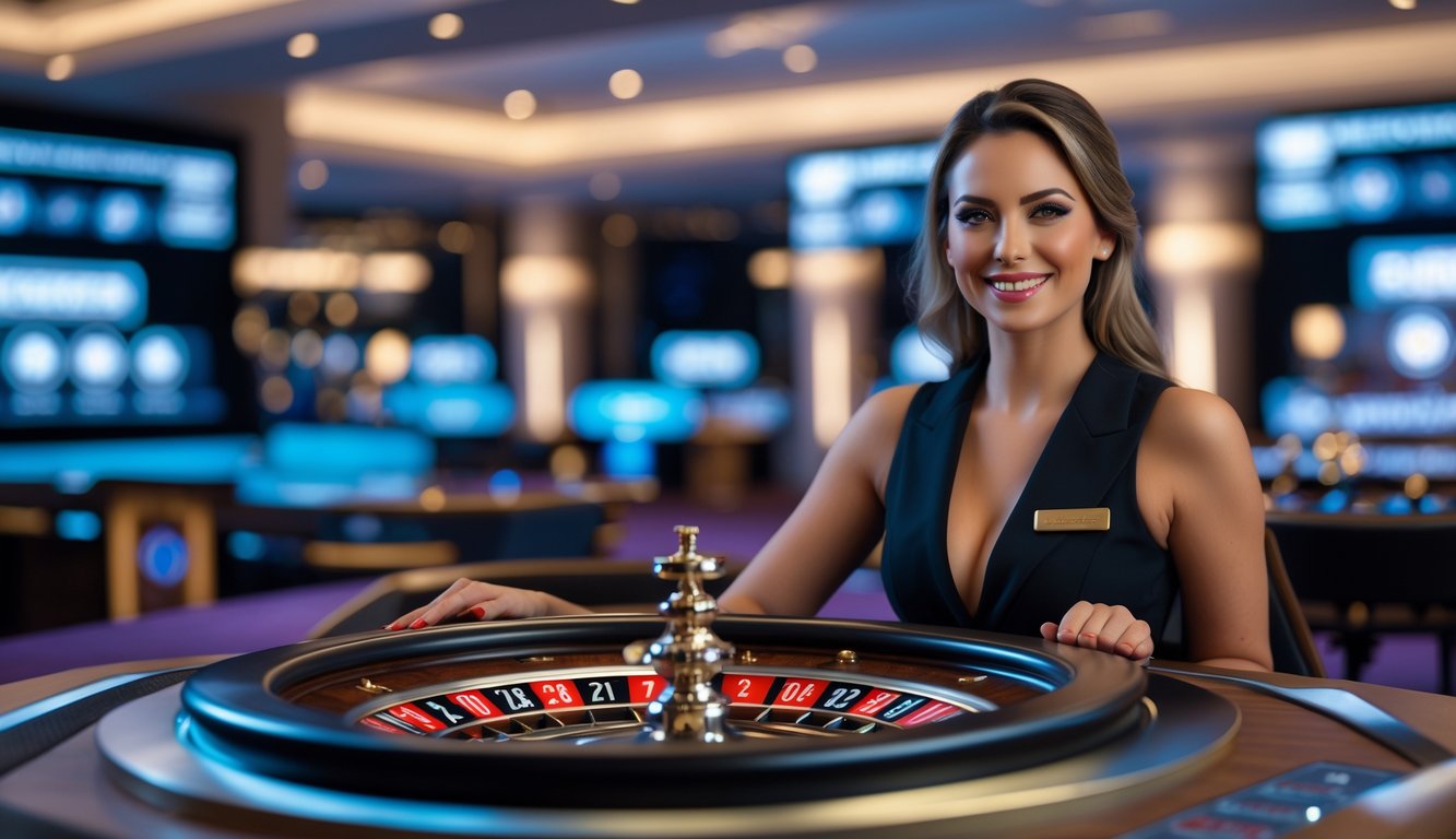 Seorang dealer wanita profesional duduk di belakang meja roulette dengan latar belakang studio kasino modern, terlihat ramah dan siap memandu permainan roulette secara langsung.