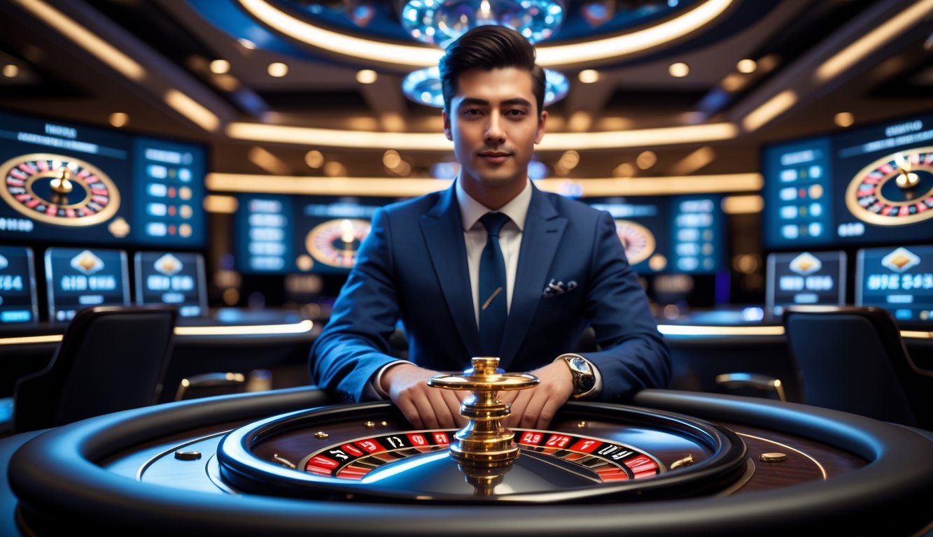 Seorang dealer roulette profesional duduk di meja roulette dengan roda roulette digital dan layar taruhan di latar belakang.