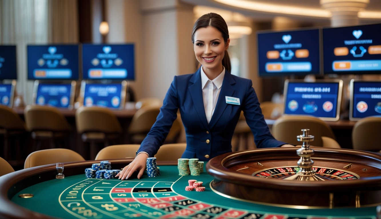 Seorang dealer wanita profesional sedang memimpin permainan roulette langsung dengan meja dan roda roulette di depan, dikelilingi oleh layar yang menunjukkan taruhan waktu nyata.