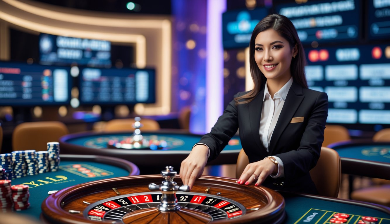 Seorang dealer wanita sedang memutar roda roulette di meja roulette dalam studio kasino modern dengan layar yang menampilkan informasi taruhan waktu nyata.