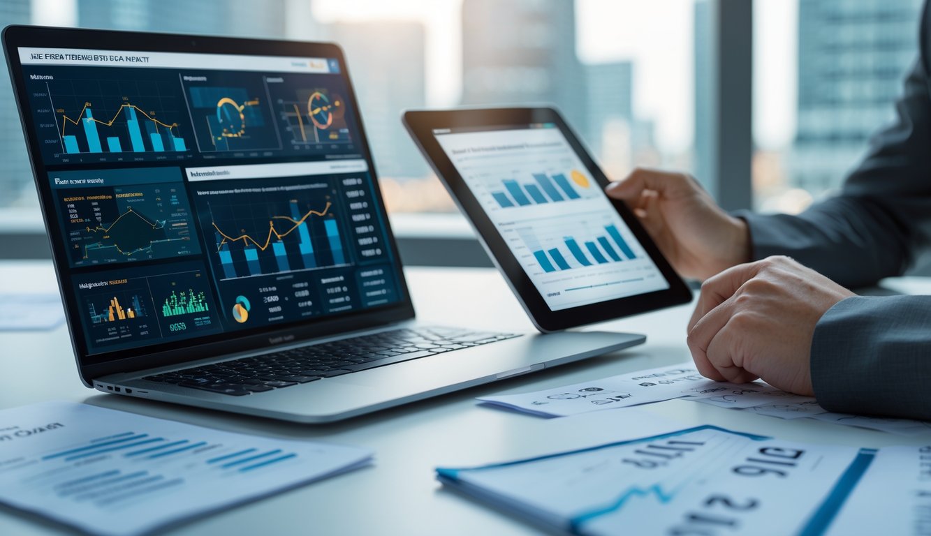 Seseorang sedang menganalisis data angka pada laptop dan tablet di meja kerja dengan pemandangan kota di latar belakang.