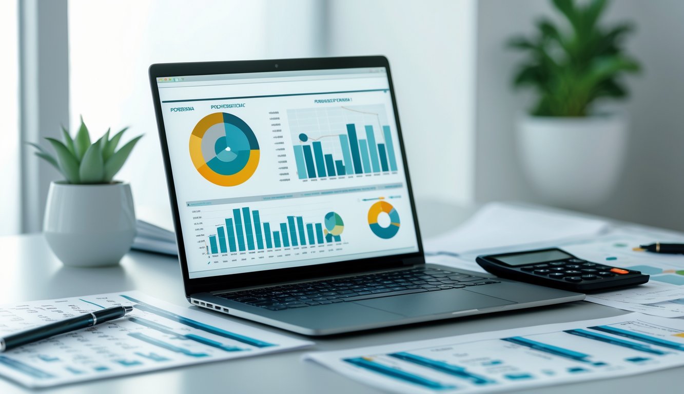 Meja kerja modern dengan laptop menampilkan grafik dan dokumen angka, alat tulis, dan kalkulator yang digunakan untuk analisis data.