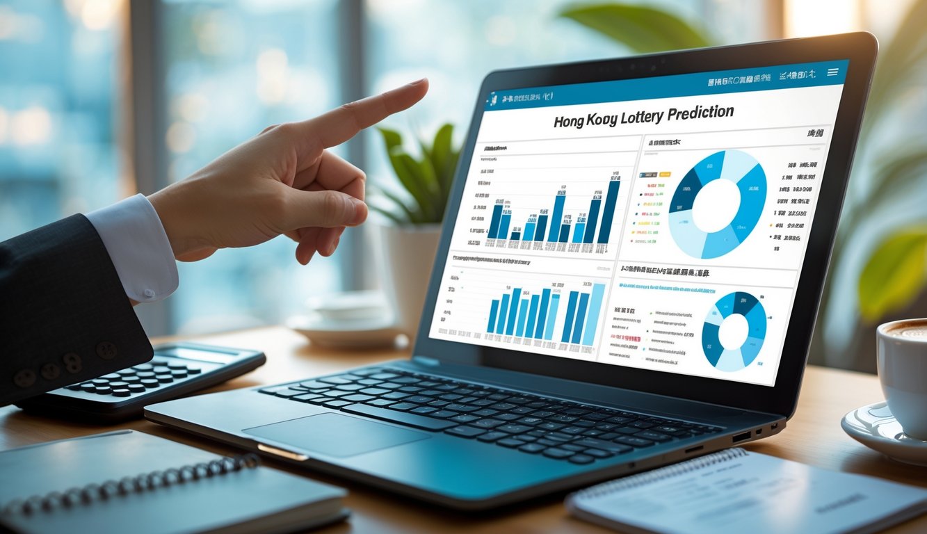 Sebuah ruang kerja modern dengan laptop menampilkan grafik dan tangan menunjuk layar, dikelilingi buku catatan dan kalkulator.