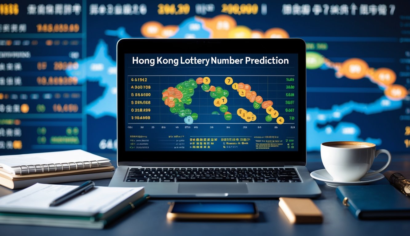 Meja kerja modern dengan laptop yang menampilkan data dan grafik prediksi angka togel Hongkong, dilengkapi dengan buku catatan, pena, dan secangkir kopi.