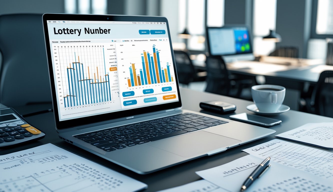 Meja kerja dengan laptop yang menampilkan grafik angka, kertas dengan rumus tertulis, dan alat tulis di lingkungan kantor yang terang.