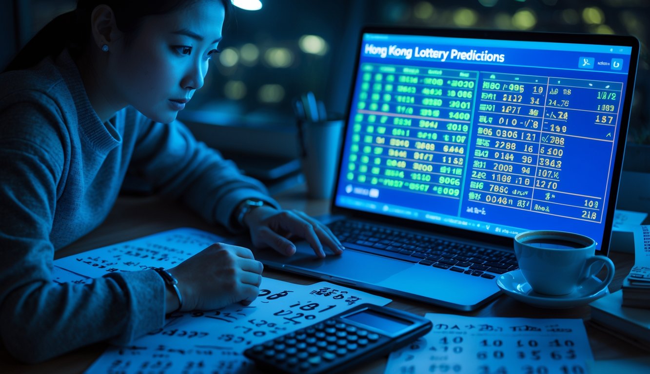 Seseorang sedang menganalisis data prediksi togel Hongkong malam hari di depan laptop dengan suasana kerja yang serius.