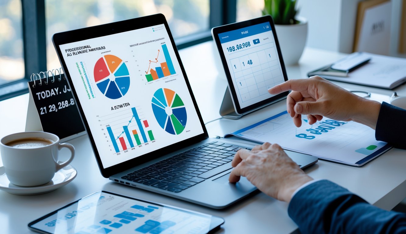 Meja kerja modern dengan perangkat digital yang menampilkan grafik dan data, tangan seseorang sedang menggunakan perangkat tersebut, suasana terang dan rapi.