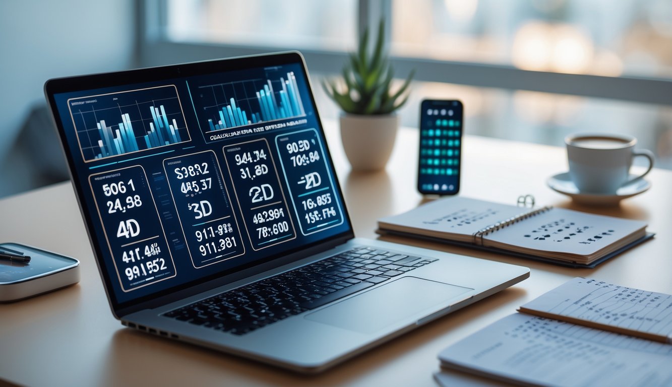 Meja kerja dengan laptop yang menampilkan grafik dan angka prediksi, cangkir kopi, buku catatan, dan ponsel di atasnya.