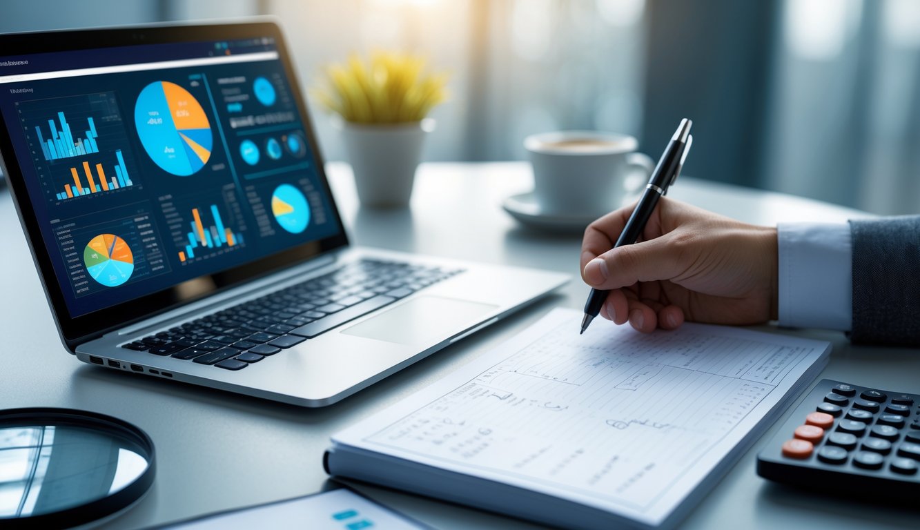 Sebuah ruang kerja modern dengan laptop yang menampilkan grafik dan data, tangan seseorang memegang pena di atas buku catatan, dan alat tulis di meja.