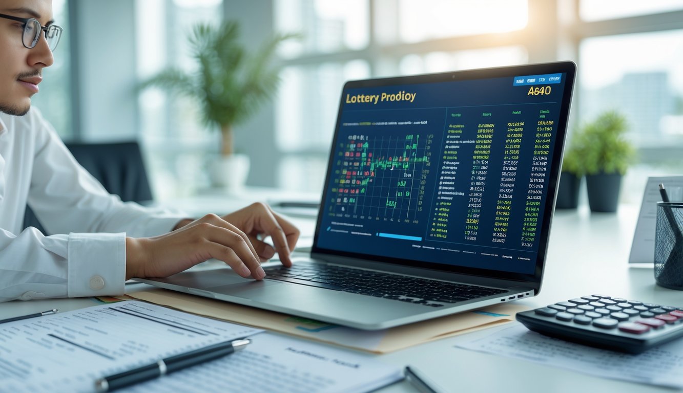 Seorang pria sedang menganalisis data di laptop di ruang kerja yang terang dan rapi dengan alat tulis dan kalkulator di meja.