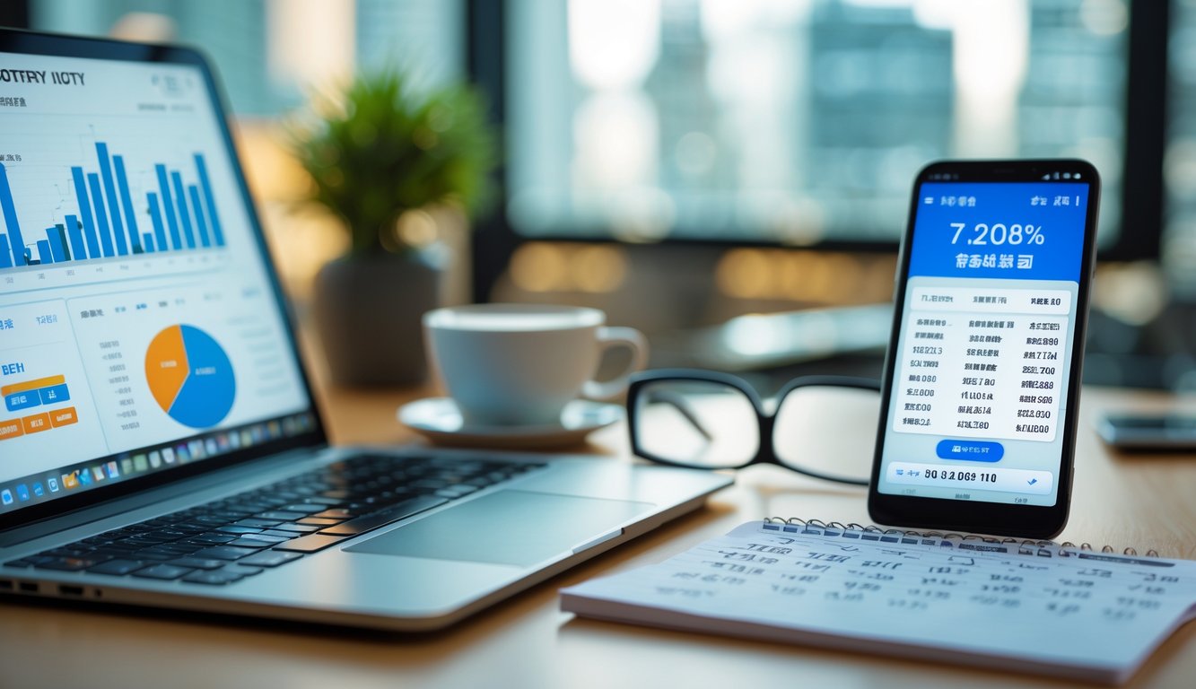 Meja kerja modern dengan laptop menampilkan grafik dan data, smartphone dengan antarmuka tiket lotre digital, serta buku catatan dengan tulisan tangan dan perhitungan.