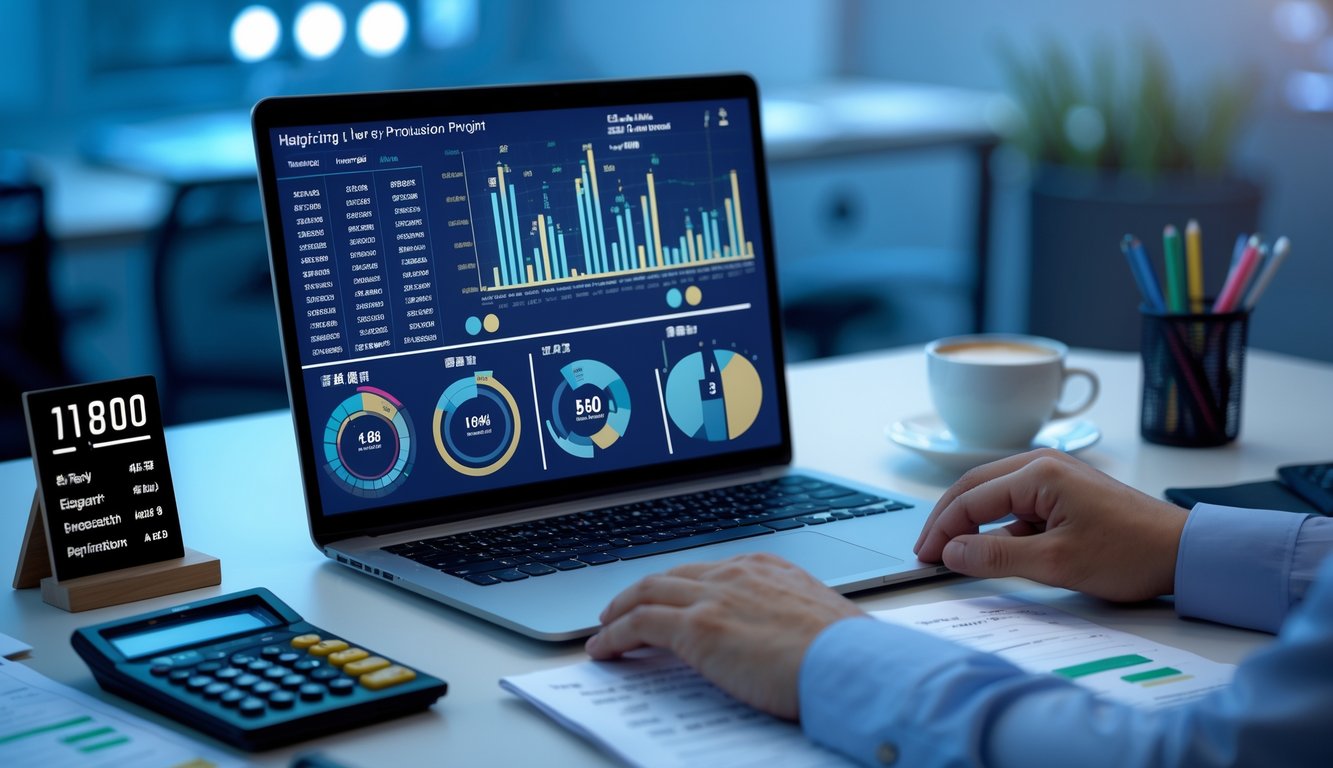 Meja kerja dengan laptop yang menampilkan grafik dan alat tulis, suasana malam hari di kantor yang tenang.