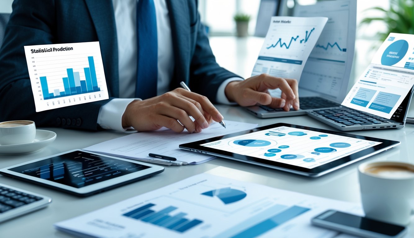 Meja kerja modern dengan perangkat digital menampilkan grafik dan data statistik, seseorang sedang menganalisis data dengan pena dan buku catatan di kantor yang terang.