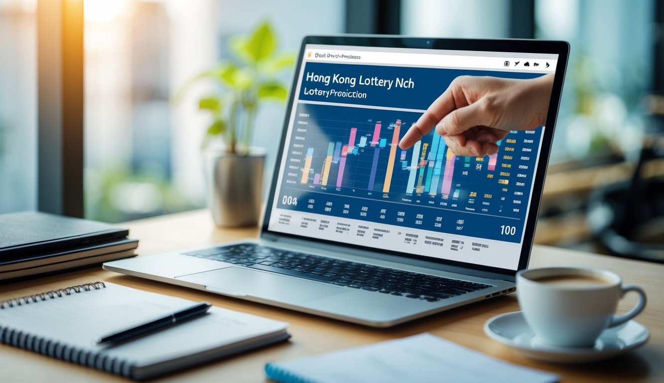 Sebuah ruang kerja modern dengan laptop yang menampilkan grafik dan angka prediksi togel Hongkong, tangan seseorang menunjuk layar, di atas meja terdapat buku catatan, pena, dan secangkir kopi.