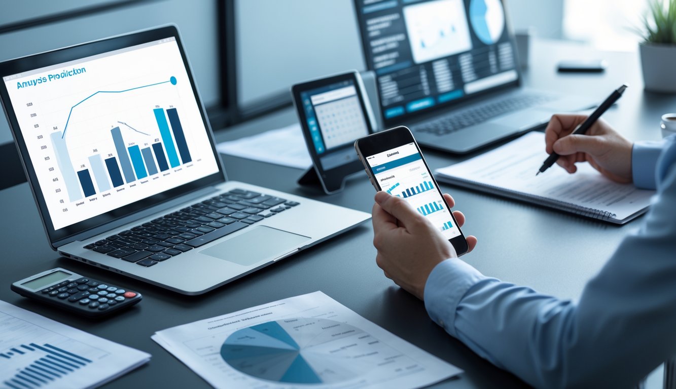 Seorang profesional sedang bekerja di meja dengan laptop, smartphone, dan alat tulis, menganalisis data di ruang kantor yang rapi dan terang.