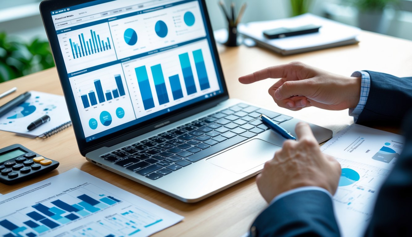 Sebuah meja kerja dengan laptop yang menampilkan grafik dan tangan seseorang sedang menunjuk layar dan mencatat di buku catatan.