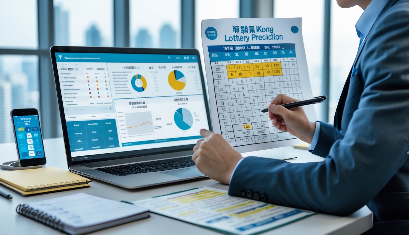 Seorang profesional sedang menganalisis data lotere di meja kerja dengan laptop dan dokumen di kantor yang terang.
